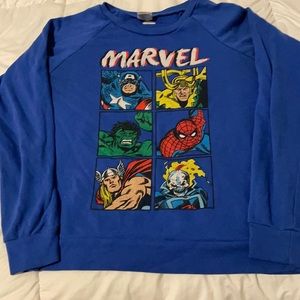 Mainly blue with different colors on the Marvel characters